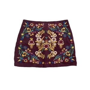 Umgee Womens Large Embroidered Pencil Skirt Floral Mini Back Zip Boho Wine